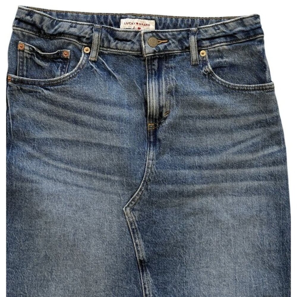 Lucky Brand Womens Denim Midi Skirt 8/29 Blue Front Back Slit Casual Whiskering - Picture 2 of 9